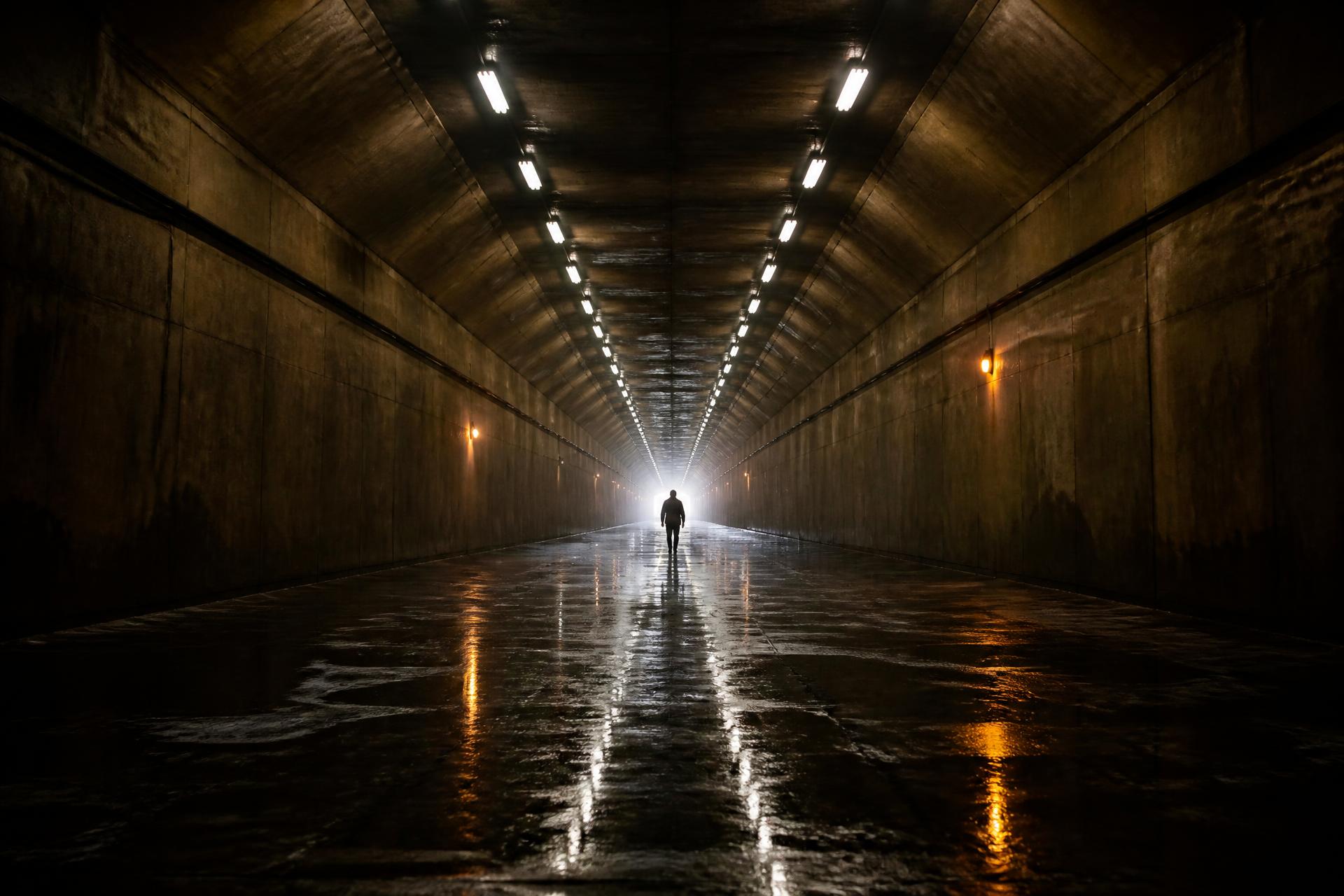 A person walking through a dark tunnel toward a distant light